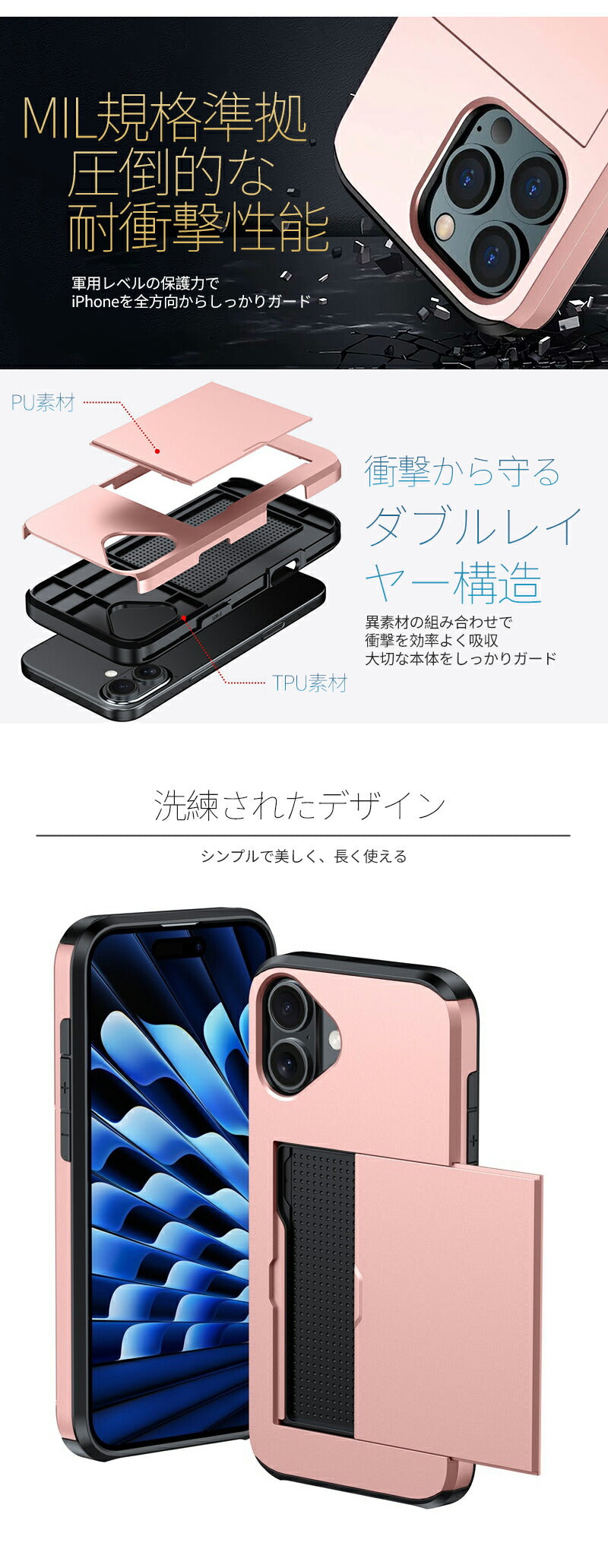 iphone ケース カード収納 2枚 背面収納 スリム 耐衝撃 カメラ保護 MIL規格準拠レベル 2重構造 指紋防止 傷防止 iPhone17 iPhone17Pro iPhone16 iPhone16e iPhone16Pro iPhone15 iPhone15Pro iPhone15ProMAX iPhone14 iPhone14Pro iPhone14ProMAX