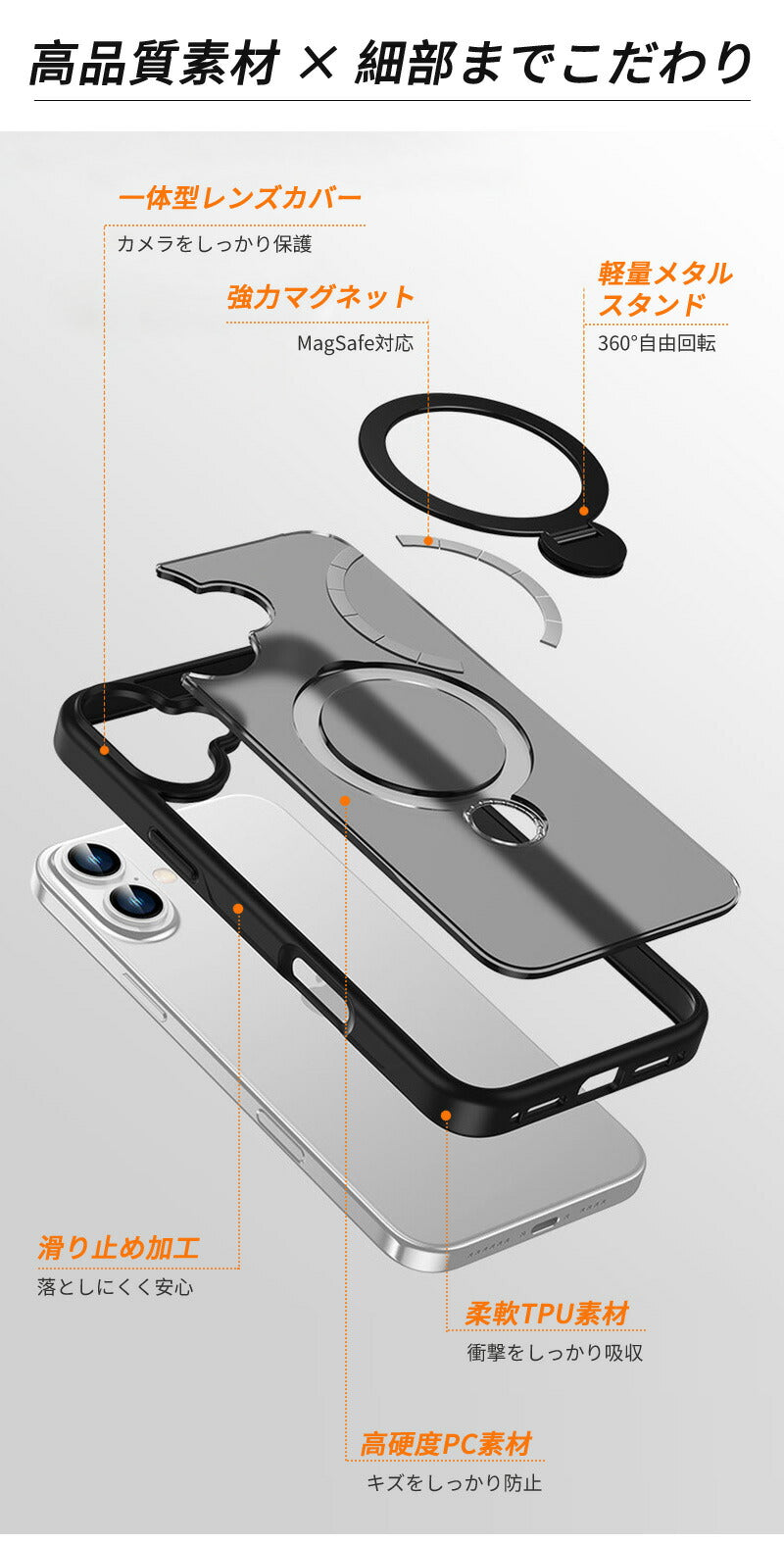 ケース MagSafe対応 iPhone15 ケース 多機能360°回転スタンド付き iPhone14 ケース iPhone13 ケース リング付き iPhone12 ケース スマホケース カバー iPhone16 Pro ケース iPhoneケース 耐衝撃 スリム カメラ保護 指紋防止 傷防止 滑り止め 黄変防止