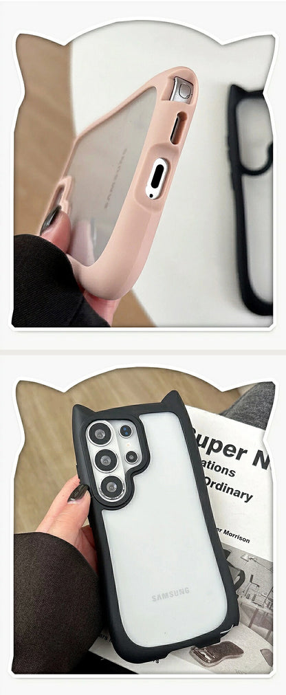 galaxy ケース s26 猫耳 ギャラクシー カバー クリア 透明 かわいい 韓国 おしゃれ S26EDGE ケース ショルダー スマホショルダー ストラップ カメラ保護 ねこ みみ 猫 携帯ケース スマホケース iPhone16Pro ケース iPhone16ProMax ケース