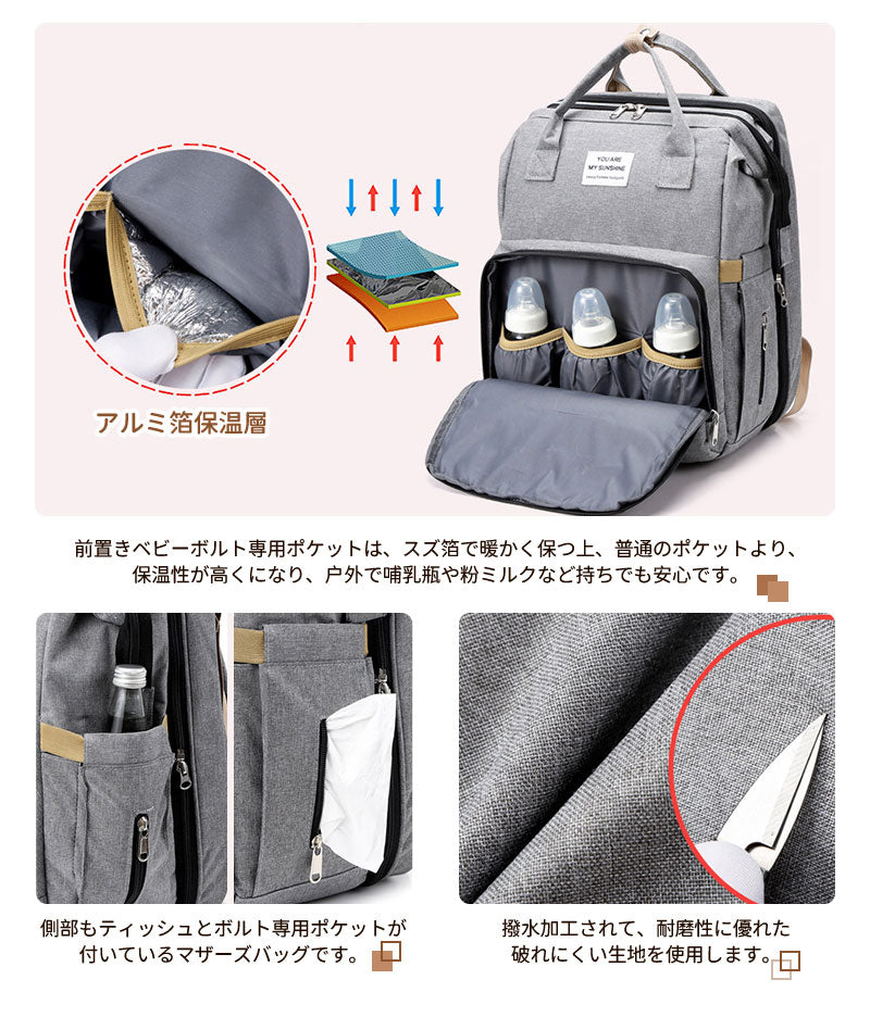 マザーズバッグ リュック ママバッグ  ベビーベッド マザーズリュック  軽量 大容量 ポータブルベビーベッド おむつ交換   添い寝 折りたたみベッド　撥水 mummy-bag-01
