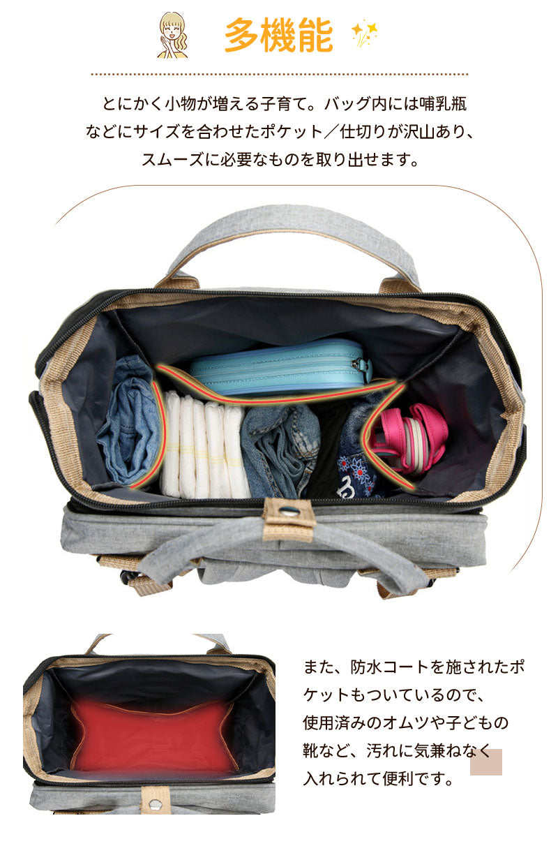 マザーズバッグ リュック ママバッグ  ベビーベッド マザーズリュック  軽量 大容量 ポータブルベビーベッド おむつ交換   添い寝 折りたたみベッド　撥水 mummy-bag-01