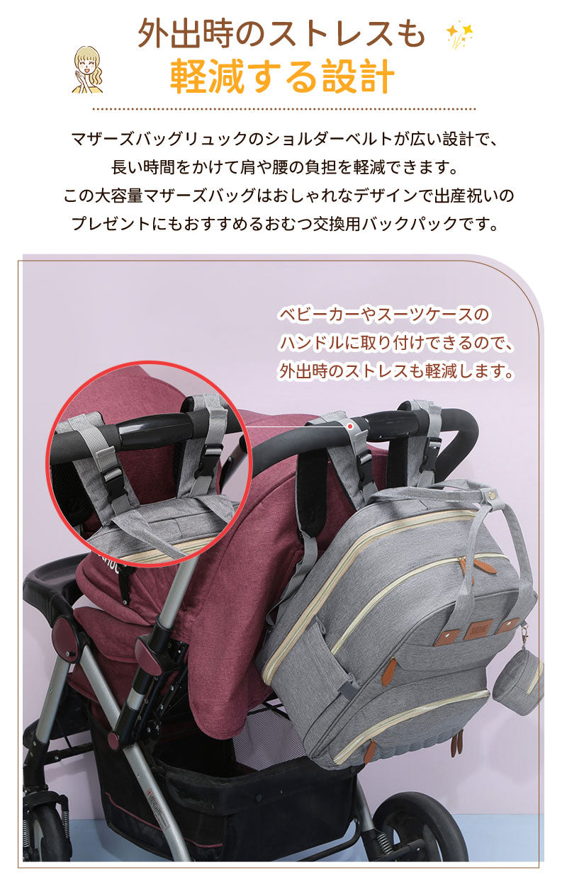 マザーズバッグ リュック ママバッグ  ベビーベッド マザーズリュック  軽量 大容量 ポータブルベビーベッド おむつ交換  蚊帳付き USBポートポーチ付き　mummy-bag-02