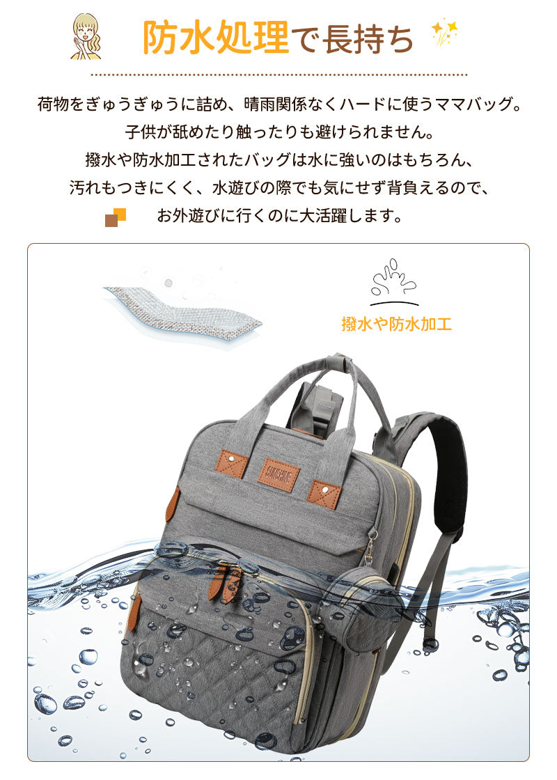 マザーズバッグ リュック ママバッグ  ベビーベッド マザーズリュック  軽量 大容量 ポータブルベビーベッド おむつ交換  蚊帳付き USBポートポーチ付き　mummy-bag-02