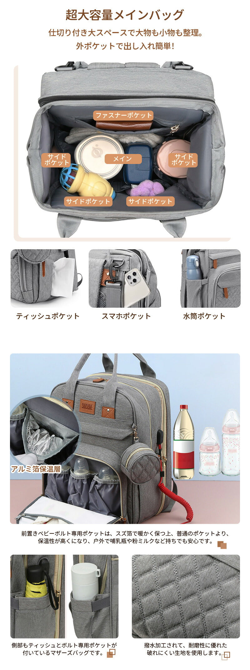 マザーズバッグ 折りたたみ ベビーベッド バッグ 多機能 マザーズバッグリュック 大容量 ママリュック ミニ リュック ママバッグ おむつ交換用 蚊帳付き 保温 帰省用 哺乳瓶ポケット赤ちゃんリュック クーファン ベビーインベッド 出産祝い
