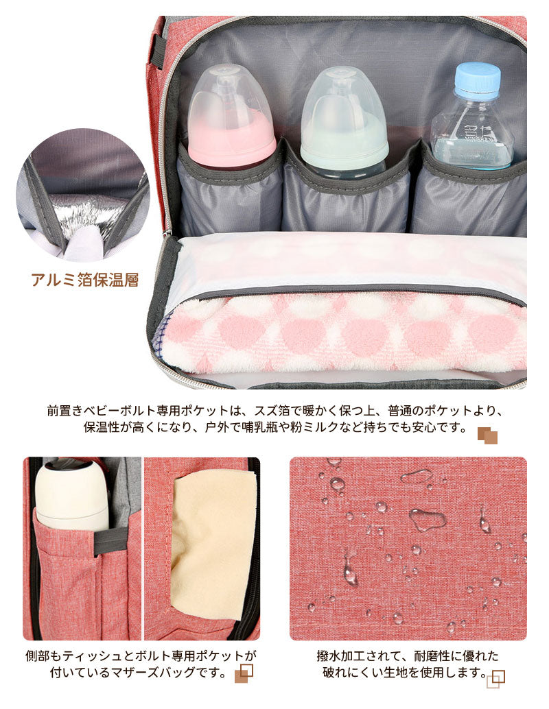 マザーズバッグ リュック ママバッグ  ベビーベッド マザーズリュック  軽量 大容量 ポータブルベビーベッド おむつ交換  蚊帳付き USBポート　ポーチ付きmummy-bag-03