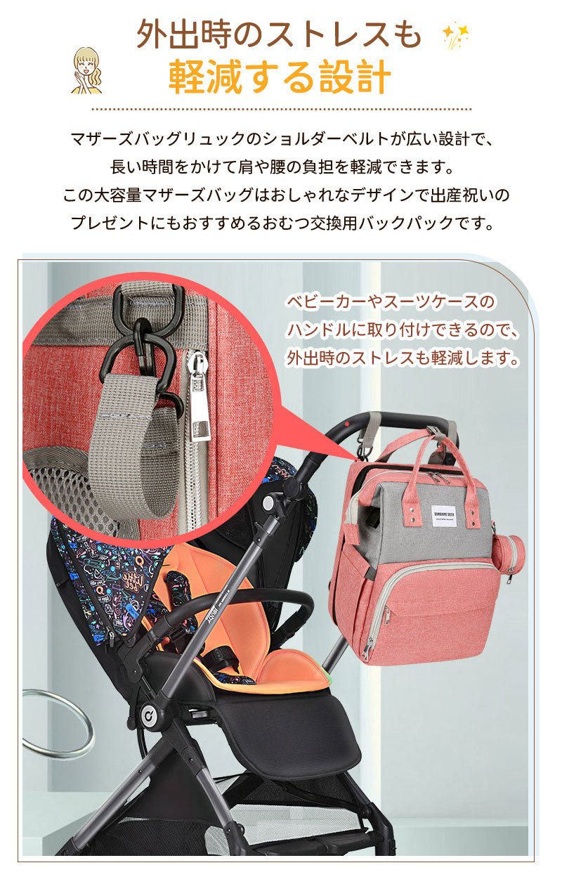 マザーズバッグ リュック ママバッグ  ベビーベッド マザーズリュック  軽量 大容量 ポータブルベビーベッド おむつ交換  蚊帳付き USBポート　ポーチ付きmummy-bag-03