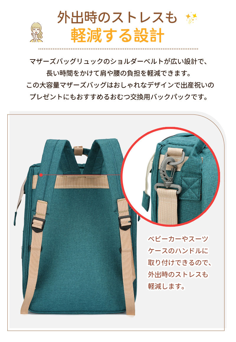 マザーズバッグ リュック ママバッグ  ベビーベッド マザーズリュック  軽量 大容量 ポータブルベビーベッド おむつ交換  遮光カーテン付き　 USBポート　mummy-bag-05