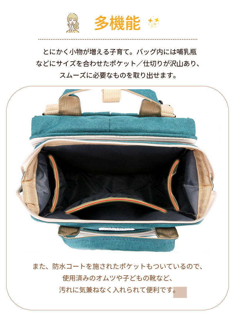 マザーズバッグ リュック ママバッグ  ベビーベッド マザーズリュック  軽量 大容量 ポータブルベビーベッド おむつ交換  遮光カーテン付き　 USBポート　mummy-bag-05