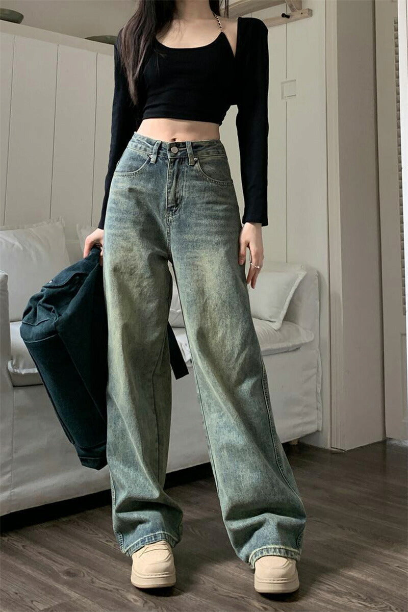 【特典あり】ジーンズ レディース ワイドパンツ デニム ハイウエスト  ディストレス キレイ目 ダメージ 小さいサイズ レディース ボトムス  ジーンズ 美脚 大きいサイズ 韓国 デニムパンツ 美脚 ジーパン ワイドデニム 体型カバー