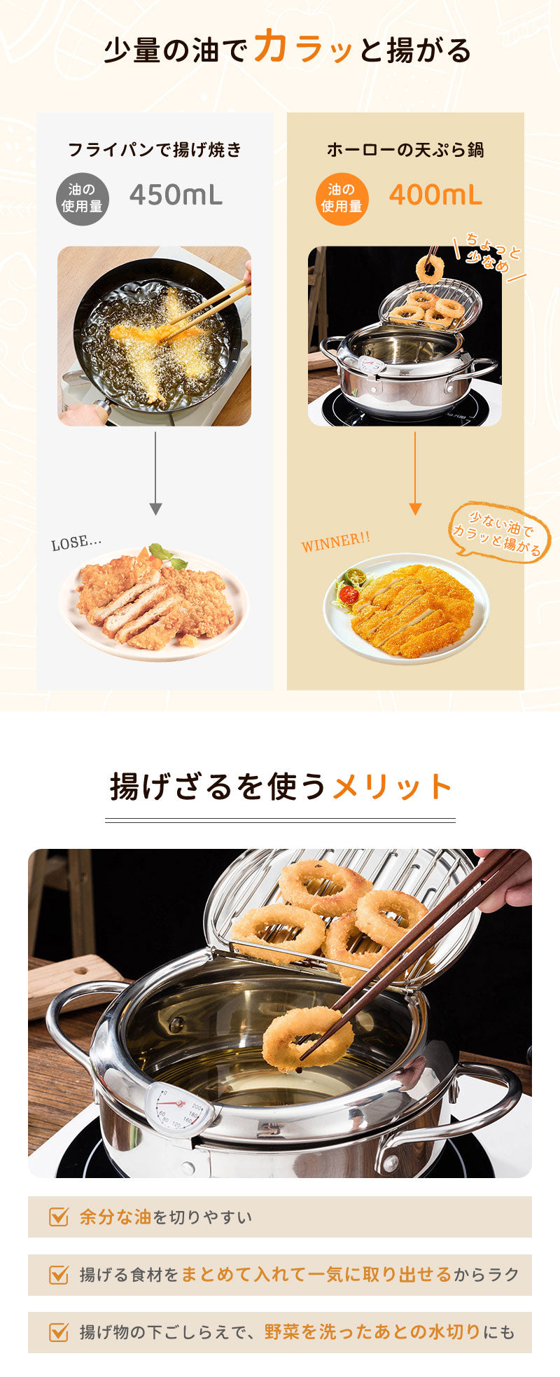天ぷら鍋 蓋付き 温度計付き 油切り網付き IH対応 ガス火対応 ガスコンロOK 20cm 24cm ステンレス鍋 鉄製 フライヤー 揚げ鍋 揚げ物鍋 油はねガード 注ぎ口付き 温度制御 ワイヤー付き 天ぷら