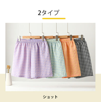 ギンガムチェック ルームウェア レディース 部屋着 パジャマ ショートパンツ ゆったり リラックス 可愛い 春 夏 秋 薄手 綿 ボトムス 寝巻き ポケット ウエストゴム ウエスト調節 ガーゼ 裏面 さらさら チェック ひも おうち時間