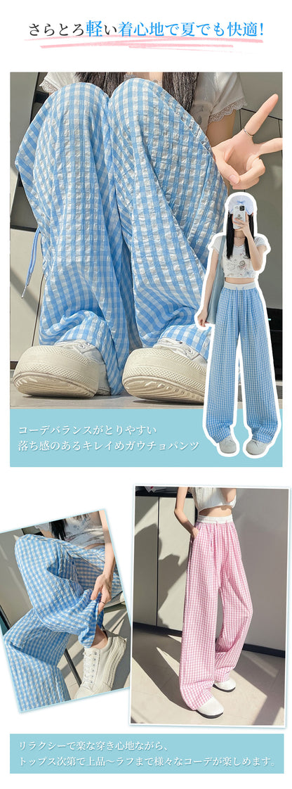ワイドパンツ レディース チェック 涼感ワイドパンツ 夏 涼しい 涼感 冷感 速乾 パンツ ボトムス ゆったり ガウチョパンツ タック入り タック ワイド 大きいサイズ 低身長 高身長 ポケット付き 定番コーデ