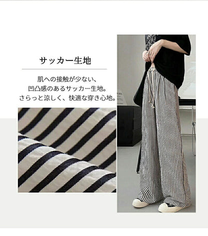 ワイドパンツ レディース 夏 ストライプパンツ ロング丈 パンツ ゆったり ワイドルーズ ズボン 大きいサイズ 薄手 レディースパンツ 涼しい カジュアルパンツ きれいめ 着痩せ ワイドパンツ 可愛い 森ガール お洒落 はぐラブ