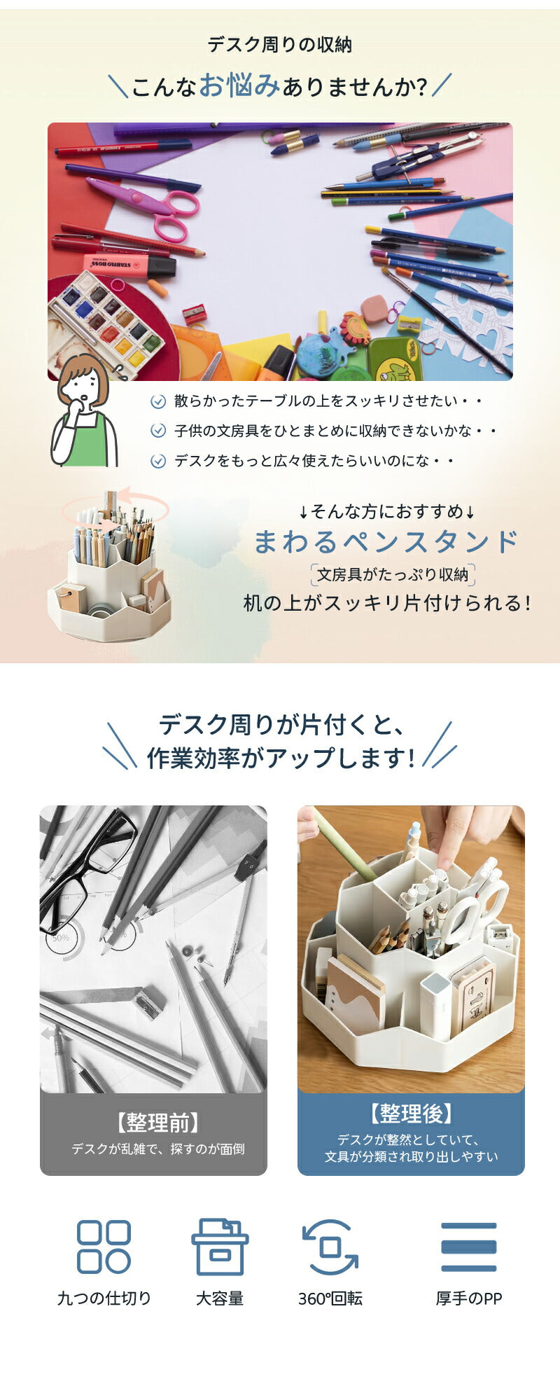 ペンスタンド 回転  ペンホルダー 360度 大容量 収納ボックス おしゃれ 卓上 デスクオーガナイザー ペン立て     ペン入れ ペンケース 卓上収納ボックス デスク収納 小物 仕切り付き 多機能  文房具 化粧品 便利