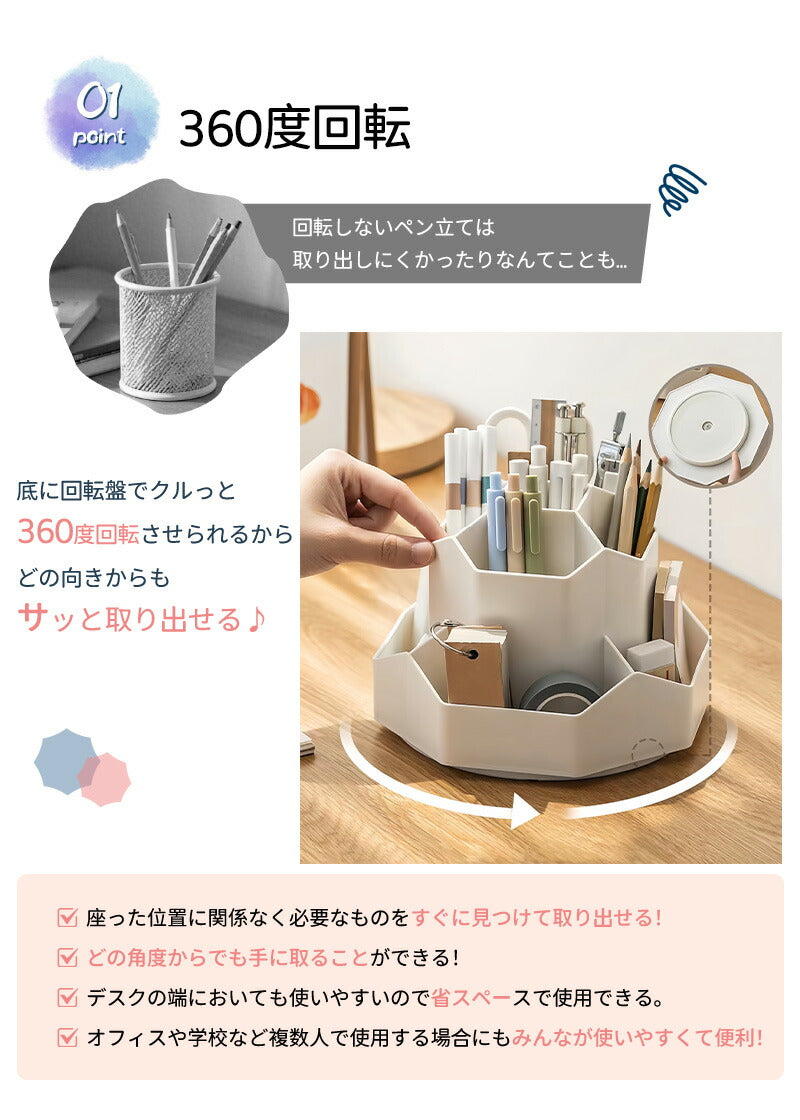 ペン立て 回転 360度 ペンスタンド ペンホルダー ペン入れ ペンケース 卓上収納ボックス デスク収納 小物 仕切り付き 多機能 大容量 文房具 化粧品 便利penholder-001