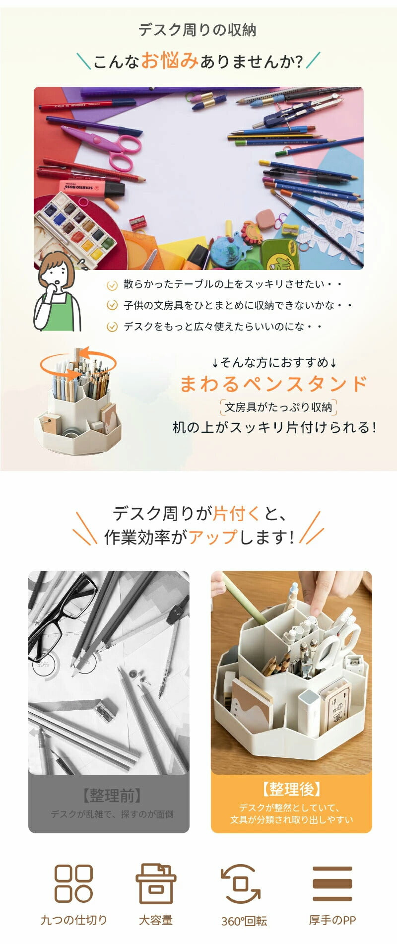 ペンスタンド 回転 ペンホルダー 文房具 オフィス ペン立て 360度 ペンケース 回転式 卓上 まわるペン立て 回る おしゃれ まわる ペン入れ デスク収納 収納 便利 大容量 デスクオーガナイザー デスク かわいい 収納ボックス 卓上収納ボックス 小物 化粧品 仕切り付き 多機能