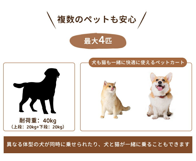 ペットカート 2段式 多頭 分離可能 折り畳み 犬カート 中型犬 ワンタッチ 4way 小型犬 中型犬 犬カート 対面式 耐荷重 40KG 取り外し キャリー 飛び出し防止 自立可 介護用 ペット 子犬 猫 輪ペットカート 犬用バギー 折りたたみ式 カート 小型犬 猫 多機能  組み立て簡単