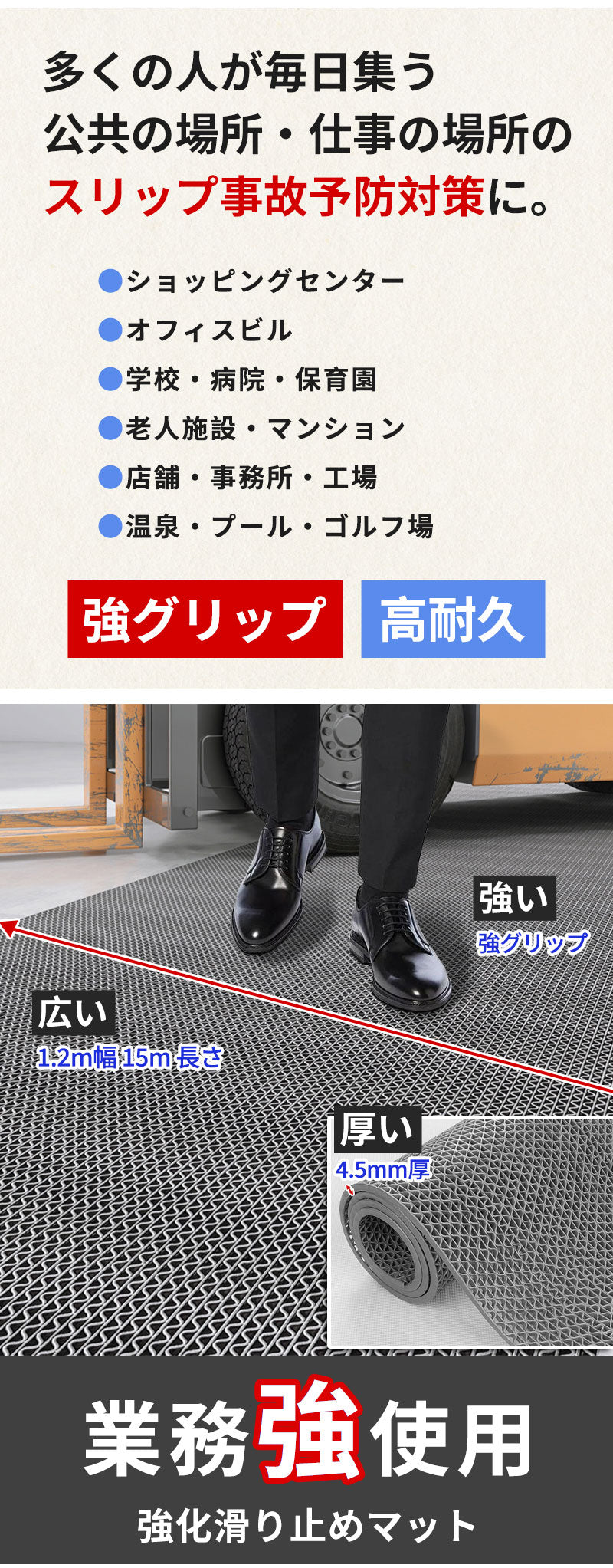 滑り止めマット 業務用 PVC ゴムマット 歩行滑り止めマット 厚さ4.5mm 透水マット 穴あき 風呂マット プール下マット 玄関マット 屋外 抗菌 速乾 室内用 浴室 キッチン ベランダ 転倒防止 水切りマット 滑り止め防水マット 歩行マット 1.2x15m