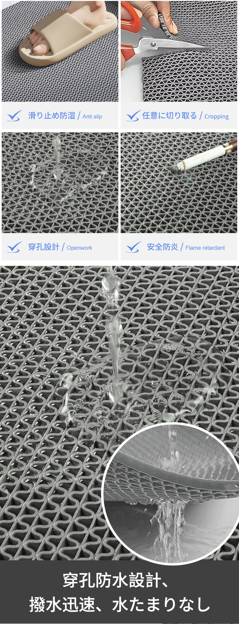 滑り止めマット 業務用 PVC ゴムマット 歩行滑り止めマット 厚さ4.5mm 透水マット 穴あき 風呂マット プール下マット 玄関マット 屋外 抗菌 速乾 室内用 浴室 キッチン ベランダ 転倒防止 水切りマット 滑り止め防水マット 歩行マット 1.2x15m