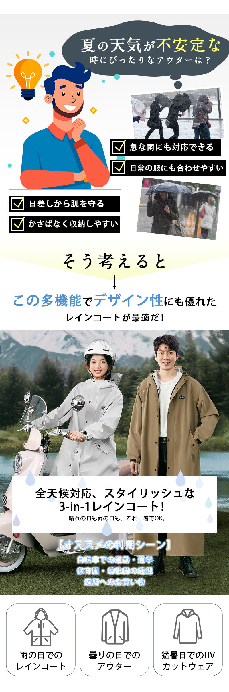 レインコート 自転車 リュック対応 レインポンチョ メンズ レディース 軽量 フード付き 防水 透湿 通勤 通学 おしゃれ ハイポンチョ　ロング丈 カッパ 雨具raincoat-3001