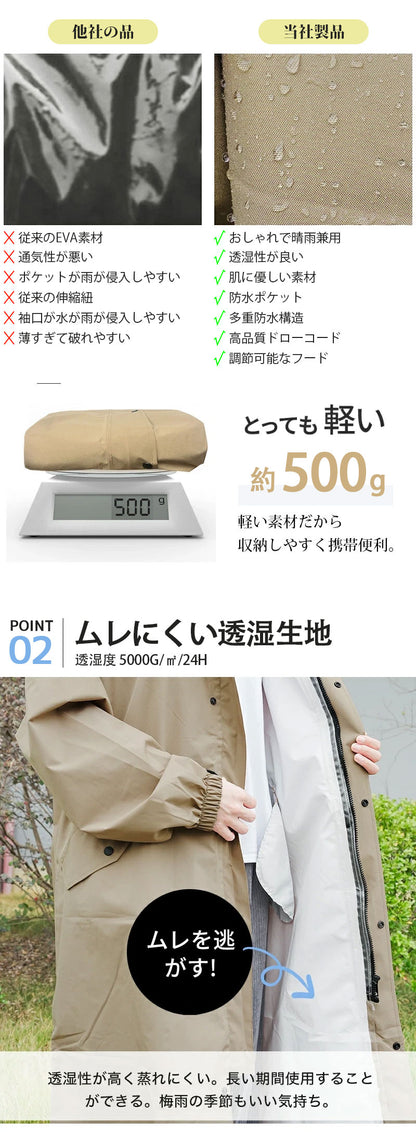 レインコート 自転車 リュック対応 レインポンチョ メンズ レディース 軽量 フード付き 防水 透湿 通勤 通学 おしゃれ ハイポンチョ　ロング丈 カッパ 雨具 自転車用 男女兼用 綺麗 保育園の送迎 バイク 旅行 アウトドア