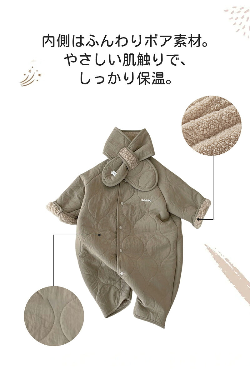 ロンパース ベビー カバーオール マフラー付き 子供 ベビー服 66 73 80 90cm 女の子 男の子 長袖 キッズ 裏起毛 裏ボア アウター 長袖 防寒 子供服 新生児 赤ちゃん おしゃれ 可愛い 子ども服 出産お祝い プレゼント 誕生日 入園 保育園 春 秋 冬 お出かけ 退院