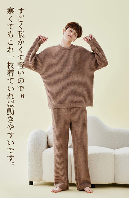 ルームウェア レディース メンズ 部屋着 セットアップ リブモールニット 腹巻付き 上下セット 秋 冬 パジャマ 寝間着 暖かい あったか 長袖 ロングパンツ セット 可愛い 腹巻 はらまき ふわふわ リラックスウェア プレゼント