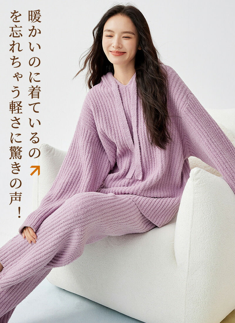 ルームウェア レディース メンズ 部屋着 セットアップ リブモールニット 腹巻付き 上下セット 秋 冬 パジャマ 寝間着 暖かい あったか 長袖 ロングパンツ セット 可愛い 腹巻 はらまき ふわふわ リラックスウェア プレゼント