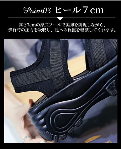 サンダル 厚底サンダル レディース サンダル 7cmヒール  軽量 歩きやすい コンフォート シューズ スポーツサンダル 大きいサイズ 衝撃吸収 通気性 靴  ベルクロ  スニーカー  春 夏 アウトドア 行楽 おしゃれ 美脚効果