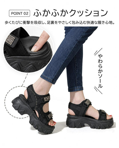 厚底サンダル スポーツサンダル レディース サンダル 6cmヒール ウェッジソール 身長アップ キラキラ スパンコール 美脚 面ファスナー 軽量 歩きやすい 疲れにくい 痛くない コンフォート 美足サンダル ビーチサンダル シューズ 靴 大人可愛い おしゃれ 21.5-25cm