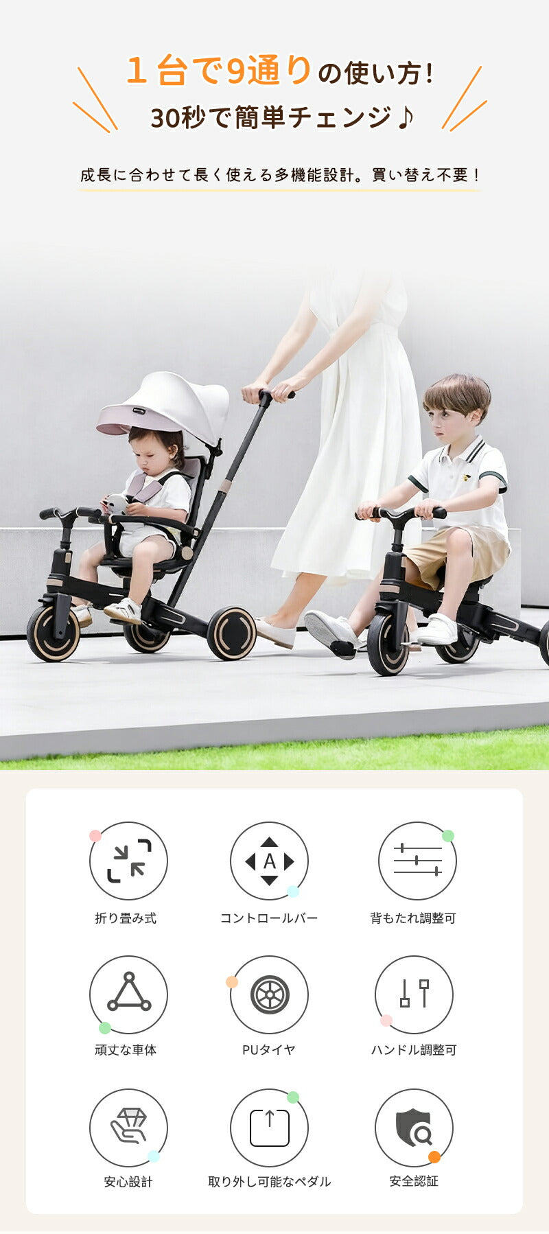 子供用三輪車 ベビーカー 折りたたみ かじとり 手押し棒  カバー ストッパー付き おしゃれ 7in1 1歳 2歳 3歳　座面回転 自転車 おもちゃ 乗用玩具 キックバイク 幼児用 キッズバイク プレゼント