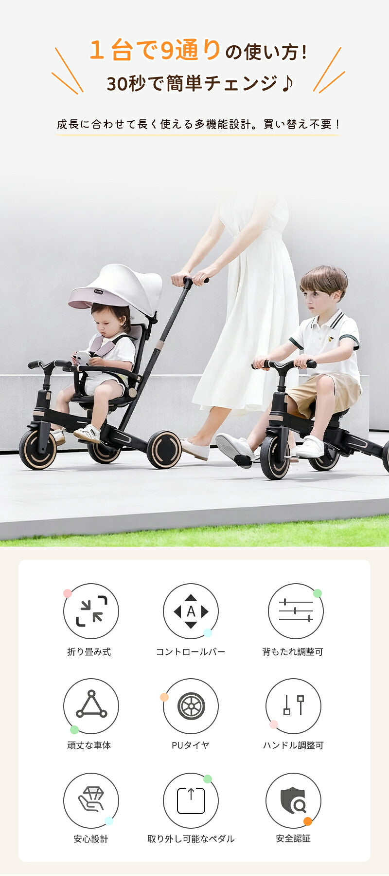子供用三輪車 ベビーカー 折りたたみ かじとり 手押し棒  カバー ストッパー付き おしゃれ 7in1 1歳 2歳 3歳　座面回転 自転車 おもちゃ 乗用玩具 キックバイク 幼児用 キッズバイク プレゼント