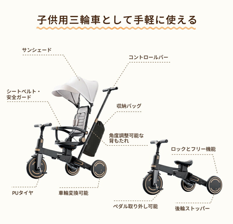 子供用三輪車 ベビーカー 折りたたみ かじとり 手押し棒  カバー ストッパー付き おしゃれ 7in1 1歳 2歳 3歳　座面回転 自転車 おもちゃ 乗用玩具 キックバイク 幼児用 キッズバイク プレゼント