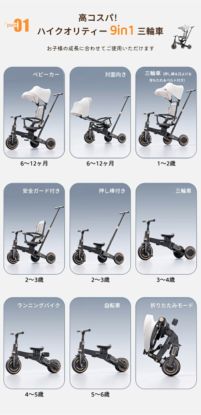 子供用三輪車 ベビーカー 折りたたみ かじとり 手押し棒  カバー ストッパー付き おしゃれ 7in1 1歳 2歳 3歳　座面回転 自転車 おもちゃ 乗用玩具 キックバイク 幼児用 キッズバイク プレゼント