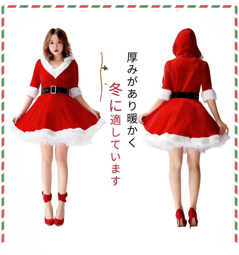 サンタ コスプレ ワンピース レディース フード付きコス サンタコス サンタコスプレ 大人 女性 コスチューム サンタクロース フリル サンタ帽子 かわいい 膝丈 ひざ丈 パーティー クリスマス 衣装  赤  仮装 変装 イベント用品 余興