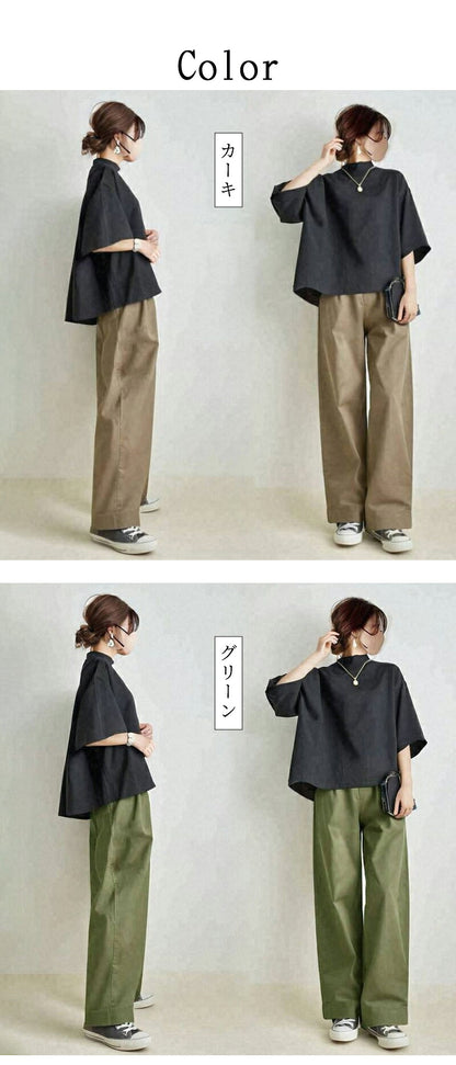 レディース セットアップ 2点セット トップス ワイドパンツ パンツスーツ スタンドネック ハイウエスト ロング丈 半袖 五分袖 シャツ ブラウス カジュアル 通勤 通学 体型カバー ゆったり ナチュラル オシャレ 春 夏