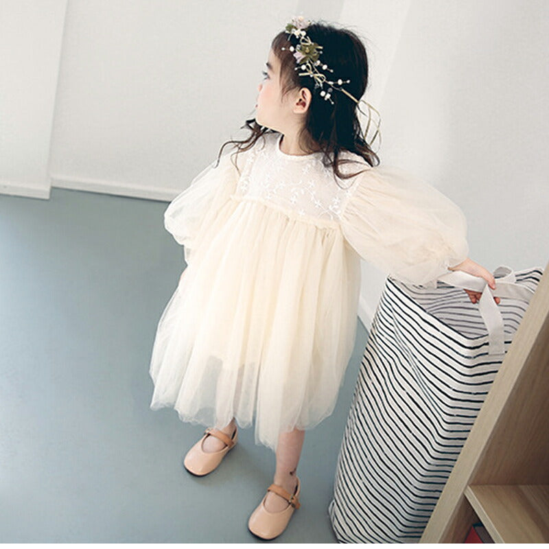 一部即納★【送料無料】ベビー ワンピース 長袖 80 結婚式 フォーマル チュール ベビー服 女の子 ベビードレス 90 100 キッズ 赤ちゃん レースドレス ホワイト ふんわり チュチュ お宮参り 人気 刺繍 膝丈 チュール フレア お出かけ おしゃれ チュールワンピース