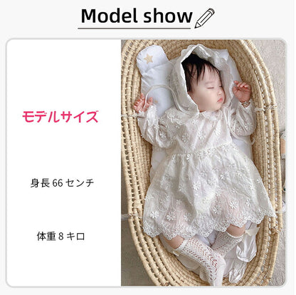 セレモニードレス ロンパース カバーオール 長袖 帽子付き 3点セット 新生児 ベビー服 ワンピース ベビー用品 子供服  赤ちゃん 刺繍 レース ドレス フォーマル 女の子 お食い初め 100日祝い 退院 出産祝い お宮参り ベビー 白