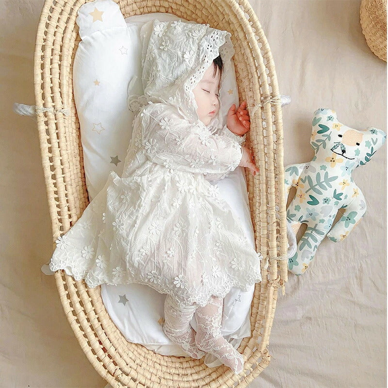 セレモニードレス ロンパース カバーオール 長袖 帽子付き 3点セット 新生児 ベビー服 ワンピース ベビー用品 子供服 赤ちゃん 刺繍 レース ドレス フォーマル 女の子 お食い初め 100日祝い 出産祝い 白 ベビー お宮参り 退院