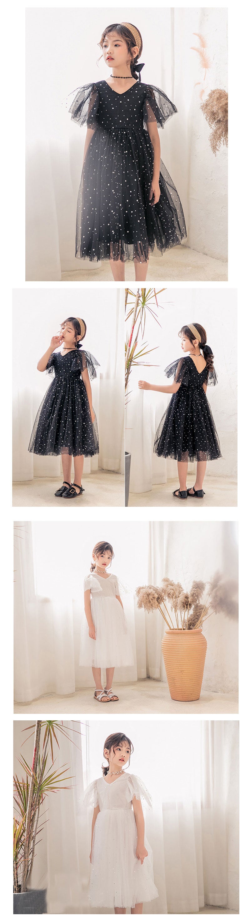 【クーポン利用で3,580円★25日終了！】女の子 チュールワンピース 子供 ドレス キッズ ロングワンピース 発表会 キラキラ 子供服 半袖  ジュニア ワンピース 小学生 夏ワンピ ピアノ フォーマル フレア 星柄 膝丈 チュール ふわふわ ふんわり感