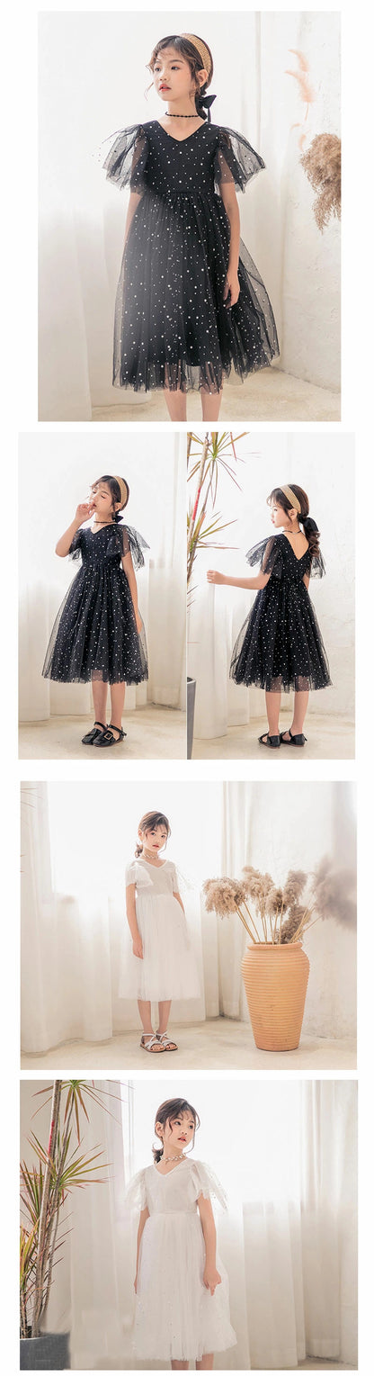 女の子 チュールワンピース 子供 ドレス キッズ ロングワンピース 発表会 キラキラ 子供服 半袖 ジュニア ワンピース 小学生 夏ワンピ ピアノ ふわふわ フォーマル フレア 星柄 ふんわり感 膝丈 チュール