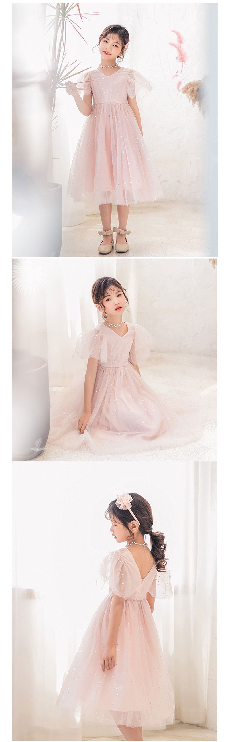 【クーポン利用で3,580円★25日終了！】女の子 チュールワンピース 子供 ドレス キッズ ロングワンピース 発表会 キラキラ 子供服 半袖  ジュニア ワンピース 小学生 夏ワンピ ピアノ フォーマル フレア 星柄 膝丈 チュール ふわふわ ふんわり感