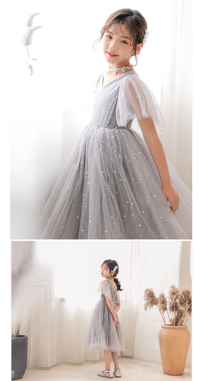 【クーポン利用で3,580円★25日終了！】女の子 チュールワンピース 子供 ドレス キッズ ロングワンピース 発表会 キラキラ 子供服 半袖  ジュニア ワンピース 小学生 夏ワンピ ピアノ フォーマル フレア 星柄 膝丈 チュール ふわふわ ふんわり感