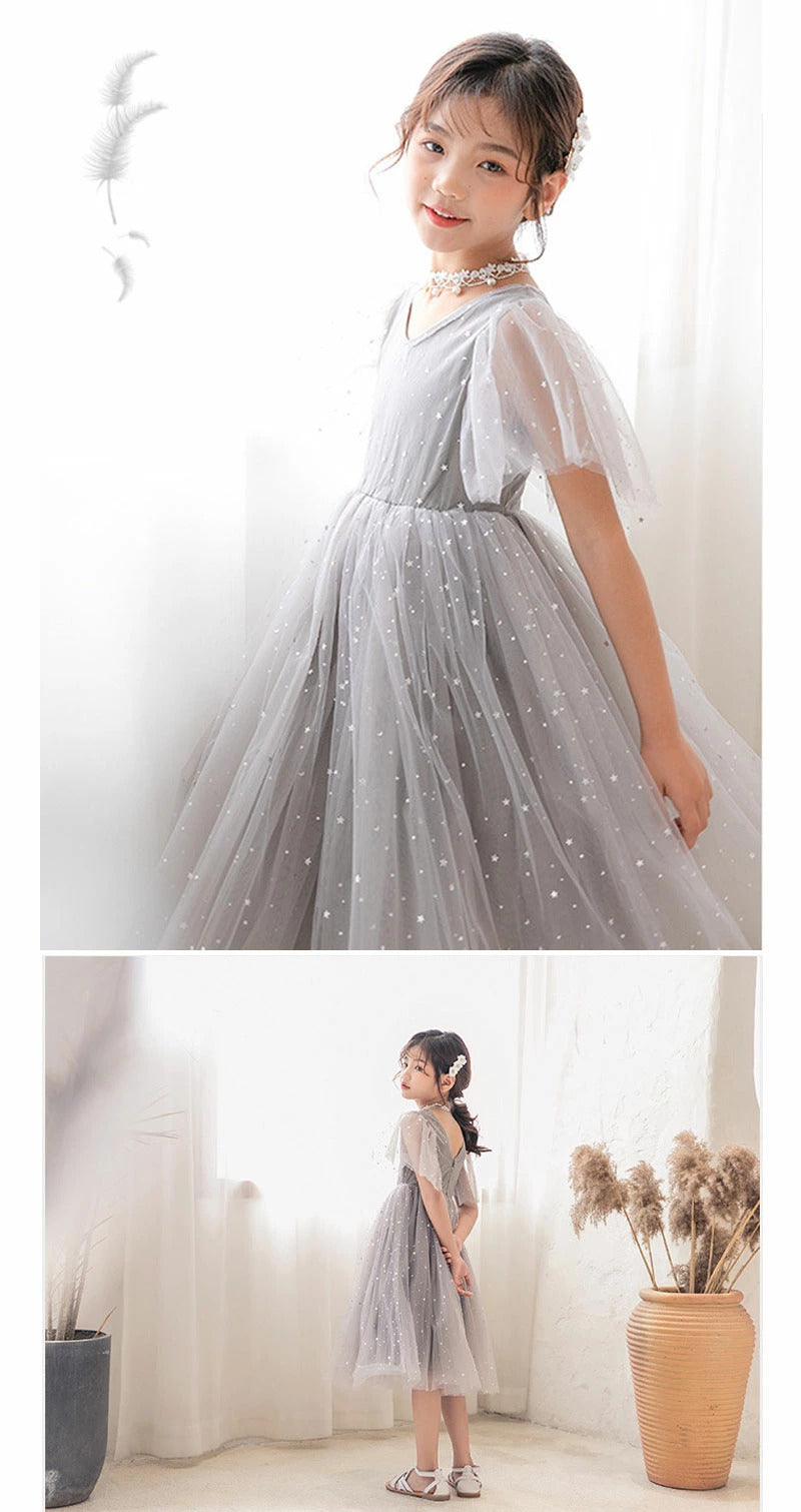 女の子 チュールワンピース 子供 ドレス キッズ ロングワンピース 発表会 キラキラ 子供服 半袖 ジュニア ワンピース 小学生 夏ワンピ ピアノ ふわふわ フォーマル フレア 星柄 ふんわり感 膝丈 チュール