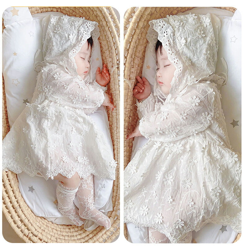 セレモニードレス ロンパース カバーオール 長袖 帽子付き 3点セット 新生児 ベビー服 ワンピース ベビー用品 子供服  赤ちゃん 刺繍 レース ドレス フォーマル 女の子 お食い初め 100日祝い 退院 出産祝い お宮参り ベビー 白