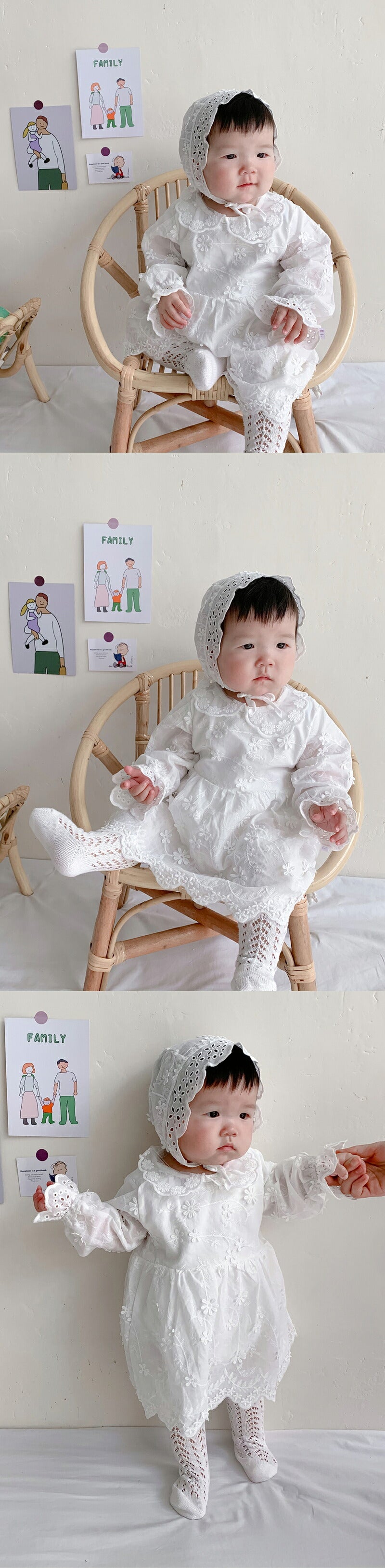 セレモニードレス ロンパース カバーオール 長袖 帽子付き 3点セット 新生児 ベビー服 ワンピース ベビー用品 子供服  赤ちゃん 刺繍 レース ドレス フォーマル 女の子 お食い初め 100日祝い 退院 出産祝い お宮参り ベビー 白