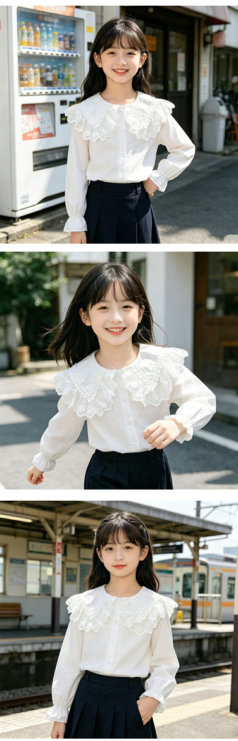 キッズ ブラウス 女の子 シャツ 長袖 おしゃれ 子ども ジュニア フォーマル 白 前開き レースの襟 可愛い トップス 子供服 ボウタイブラウス レース ワイシャツ 縁取り ガールズ 小学生 入学式 卒園式 入園式 卒業式 七五三 発表会 面接 記念日