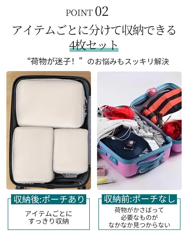 4点セット トラベル 圧縮 ポーチ 衣類スペース 60％ 節約 旅行 収納ポーチ トラベルポーチ 圧縮袋 軽量 出張 旅行 仕分け 簡単 ファスナー シンプル 整理  おしゃれ トラベルグッズ パッキング スーツケース おむつポーチ 衣類 コンパクト 圧縮袋