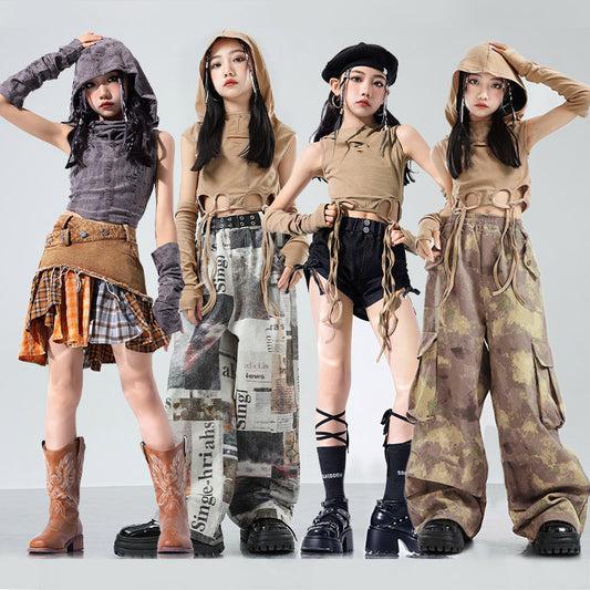 ダンス衣装 キッズ 衣装 セットアップ jazz k-pop キッズダンス衣装 デニム 子供服 女の子 ヘソ出し グレー ベージュ デニム チア ヒップホップ キッズダンス k-pop衣装 アームカバー 片腕 黒トップス ロングパンツ ジャズダンス 発表会 チアガール 韓国ファション 演出服