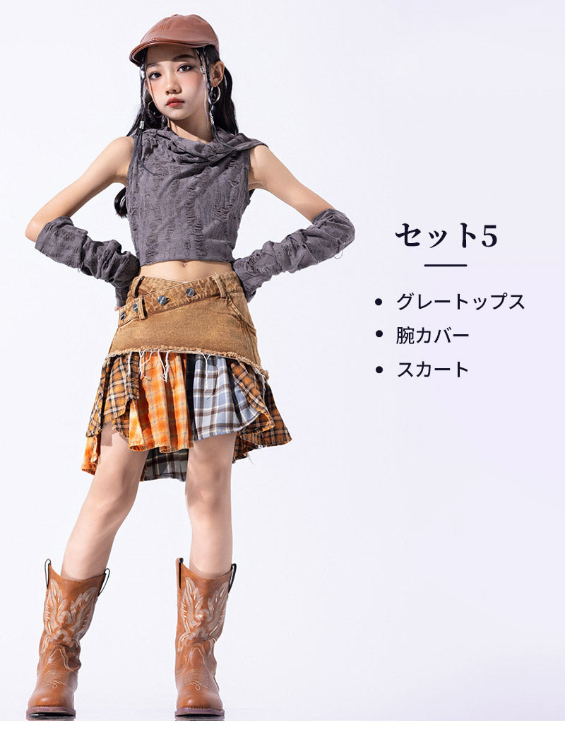 ダンス衣装 キッズ 衣装 セットアップ jazz k-pop キッズダンス衣装 デニム 子供服 女の子 ヘソ出し グレー ベージュ デニム チア ヒップホップ キッズダンス k-pop衣装 アームカバー 片腕 黒トップス ロングパンツ ジャズダンス 発表会 チアガール 韓国ファション 演出服